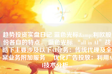 趋势投资实盘日记 蓝色光标&利欧股份各自的特点。 蓝色光标 “all in AI”战略下主要涉及以下AI业务：传统代理及全案业务附加服务• 优化广告投放：利用AI技术分析...